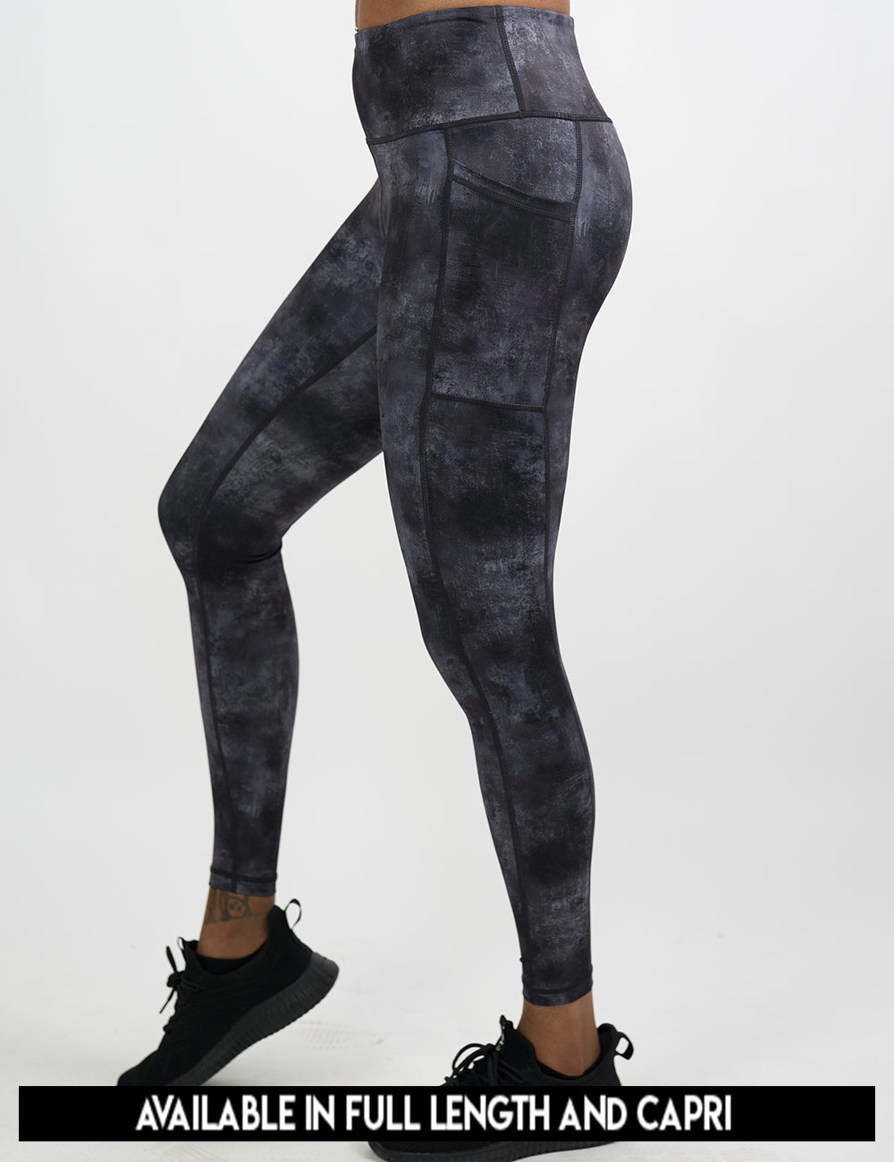 available lengths for the black and grey grunge concrete pattern leggings, lengths include full length and capri
