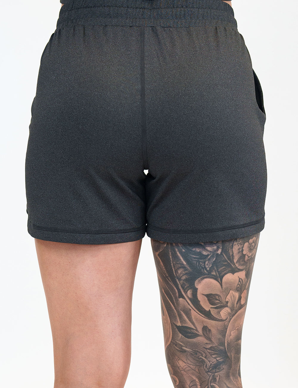 back of the 5 inch black flex drawstring shorts