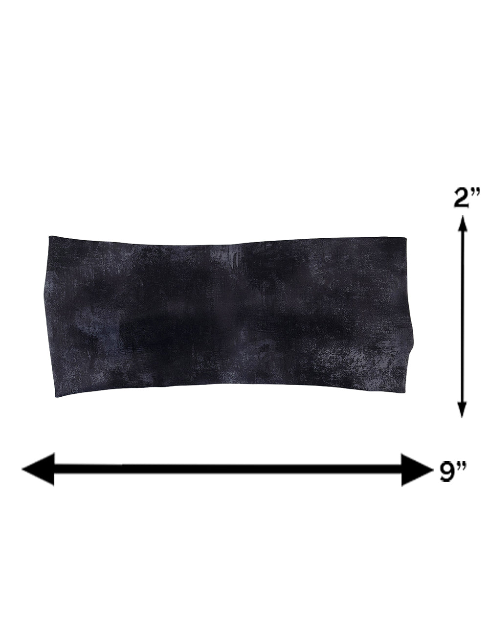 measurement chart for the black and grey grunge concrete pattern headband, measurements are 2 inches by 9 inches