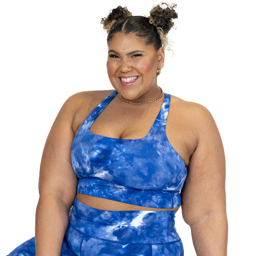 model wearing blue tie dye bra