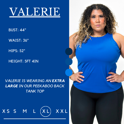 Graphic of a model showing her measurements and what size she wears for the tank Her bust is 44 inches, waist is 36 inches, hips are 52 inches, and height is 5 feet and 4 inches. She wears an extra large in the tank