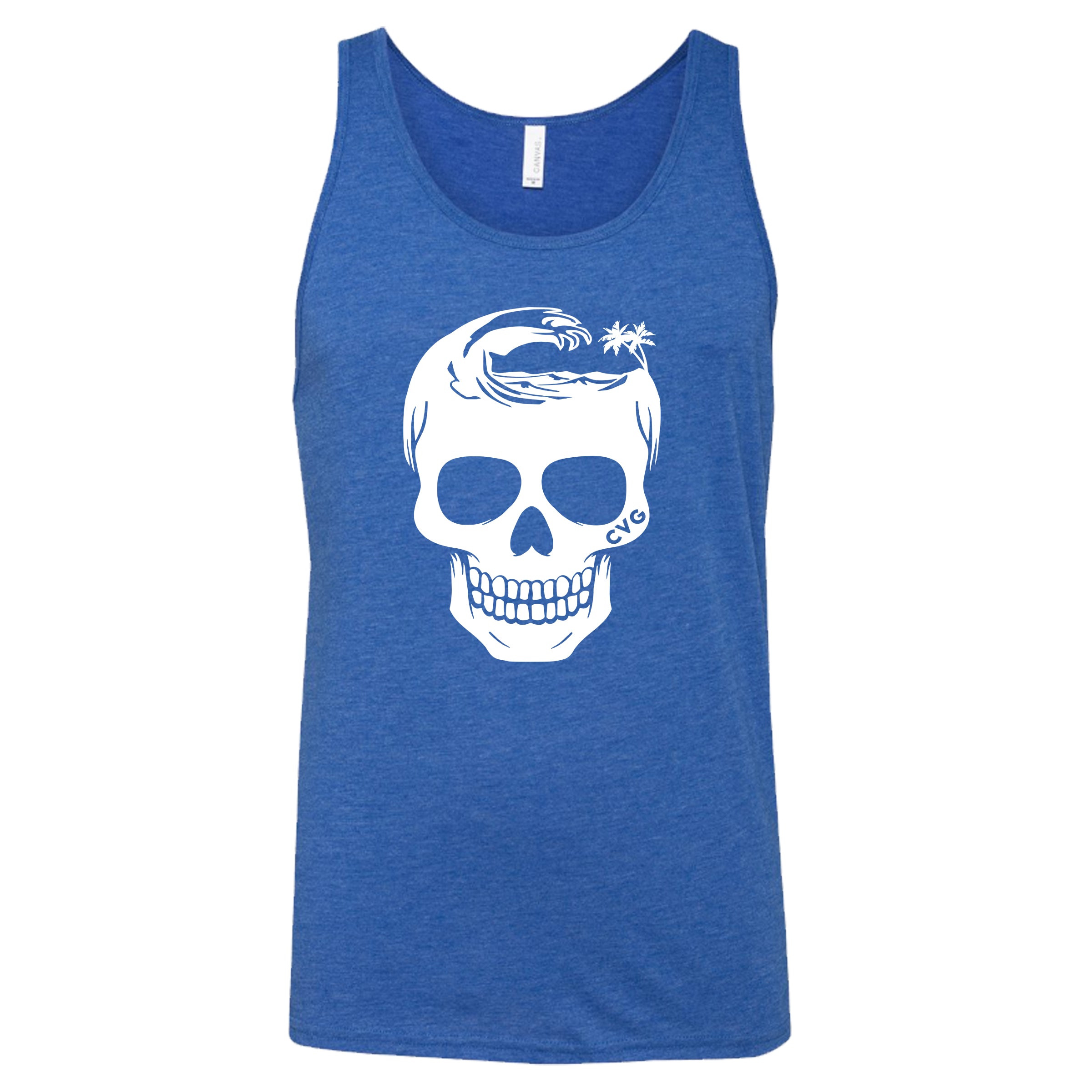 blue unisex tank with tropical skull design