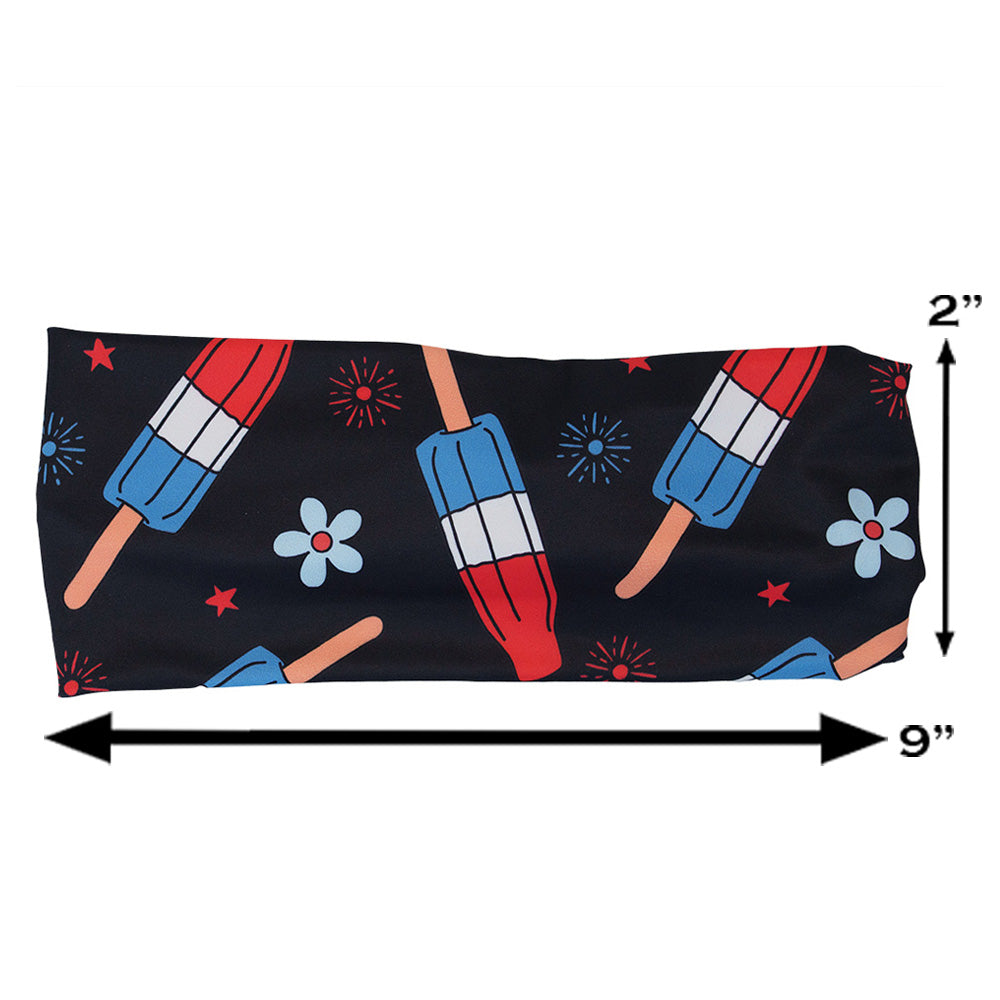 red, white and blue popsicle print headband measured at 2 by 9 inches