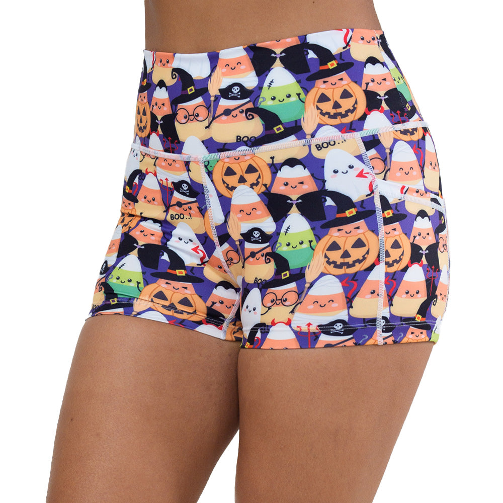 halloween candy corn patterned shorts