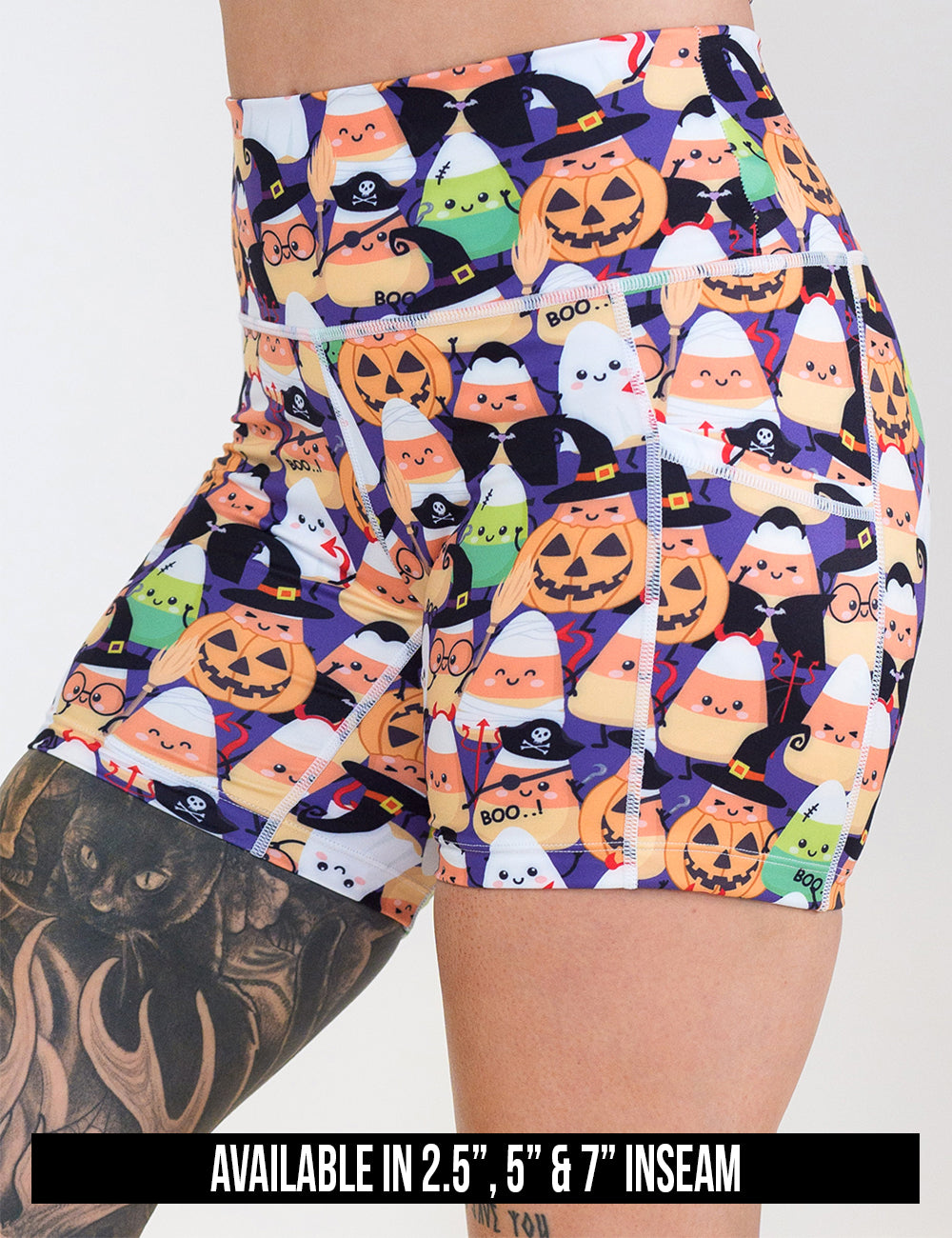 available inseam lengths for the halloween candy corn patterned shorts, lengths include 2.5, 5, and 7 inches