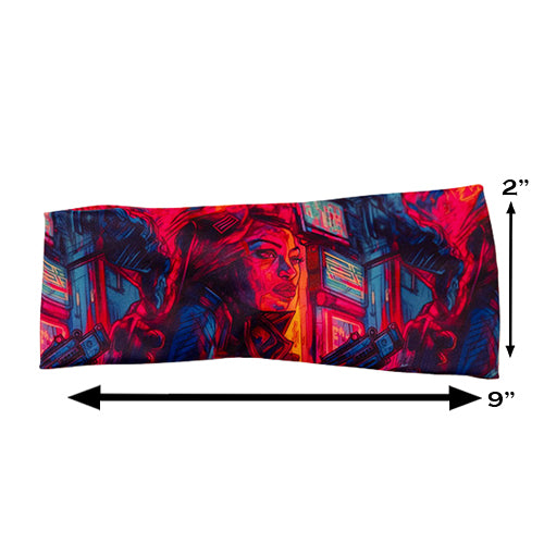 colorful bounty huntress patterned headband measured at 2 by 9 inches