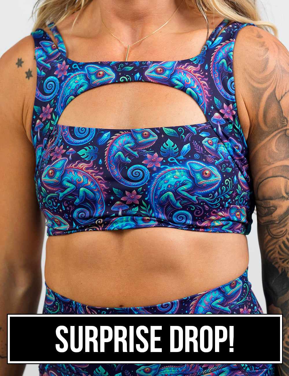 front of the orange, blue, and red chameleons sports bra surprise drop