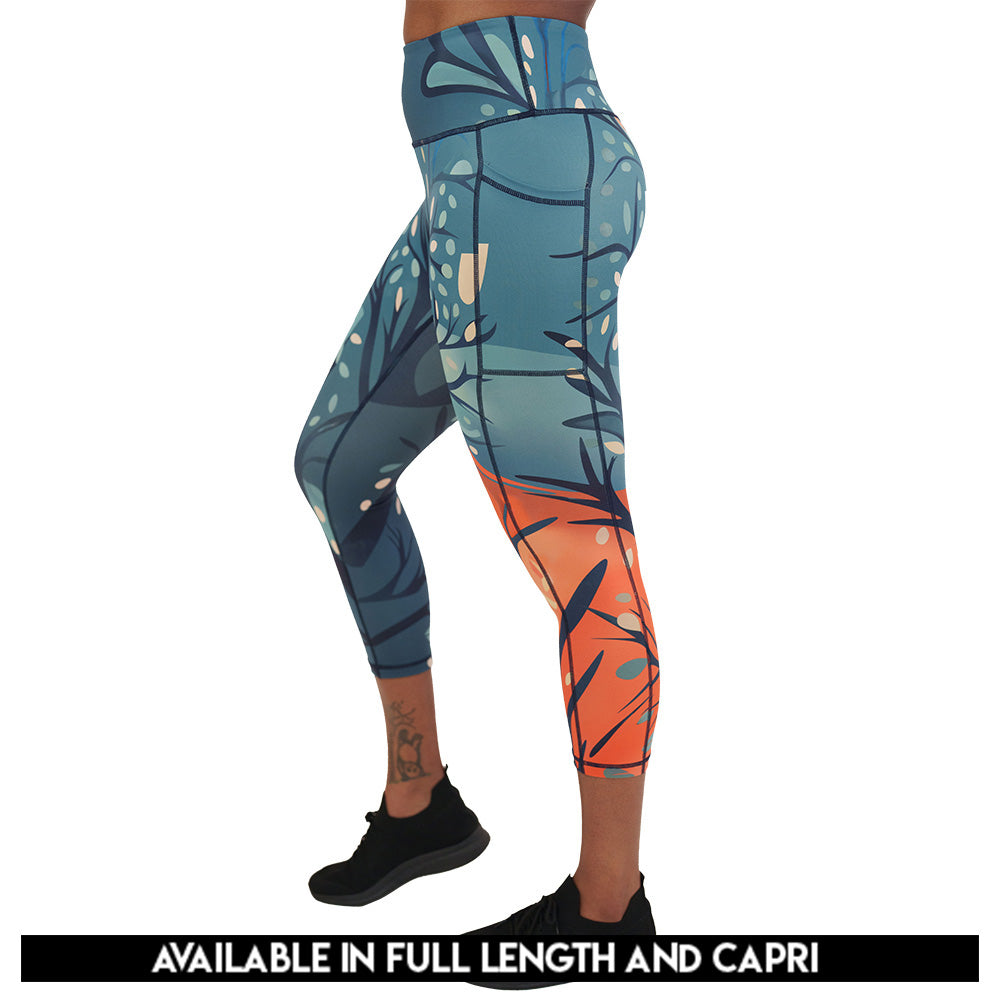 Blue leaf-patterned leggings