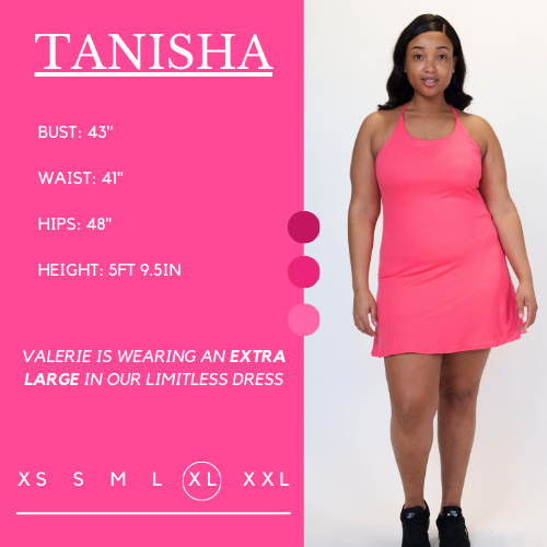 Model's measurements of 43 inch bust, 41 inch waist, 48 inch hips, and height of 5 foot and 9.5 inches. She is wearing a xl in the dress