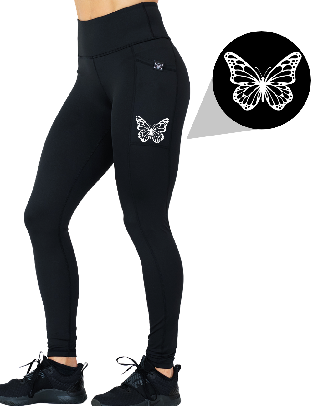 model wearing the butterfly outline graphic full length solid black leggings against a white background