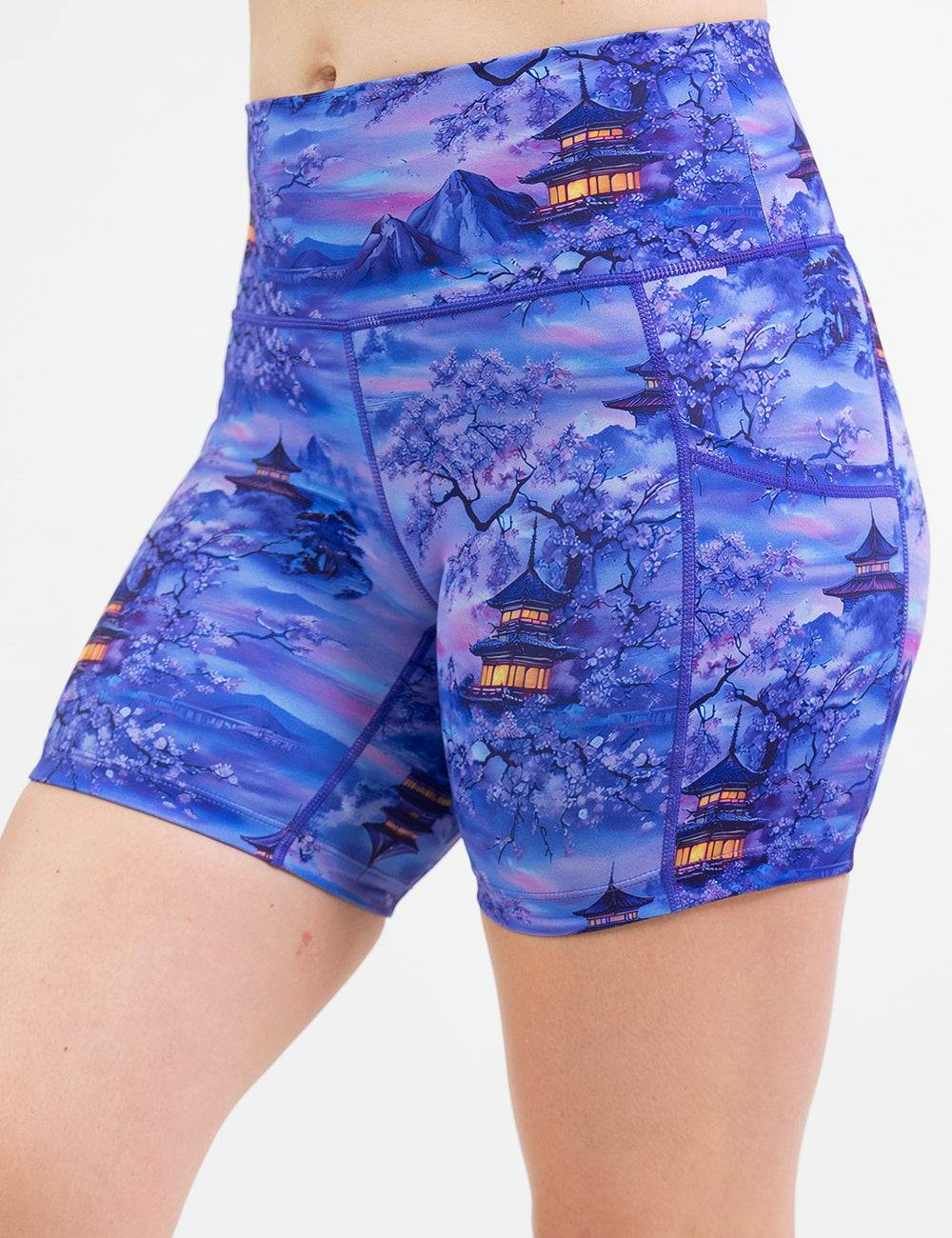 front of the 5 inch blue and lavender shorts with traditional pagodas and blooming cherry trees