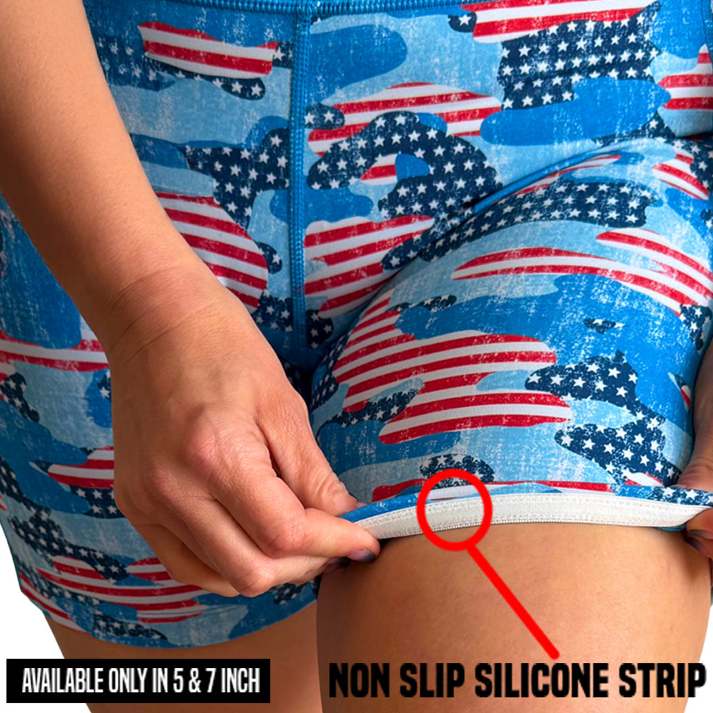 non slip strip on the camo flag print shorts