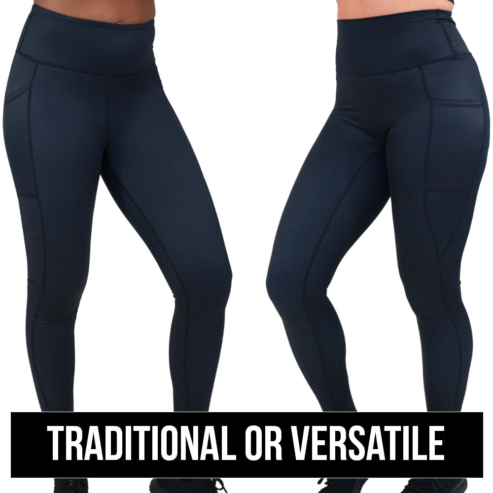 an image with two styles of black leggings, traditional and versatile