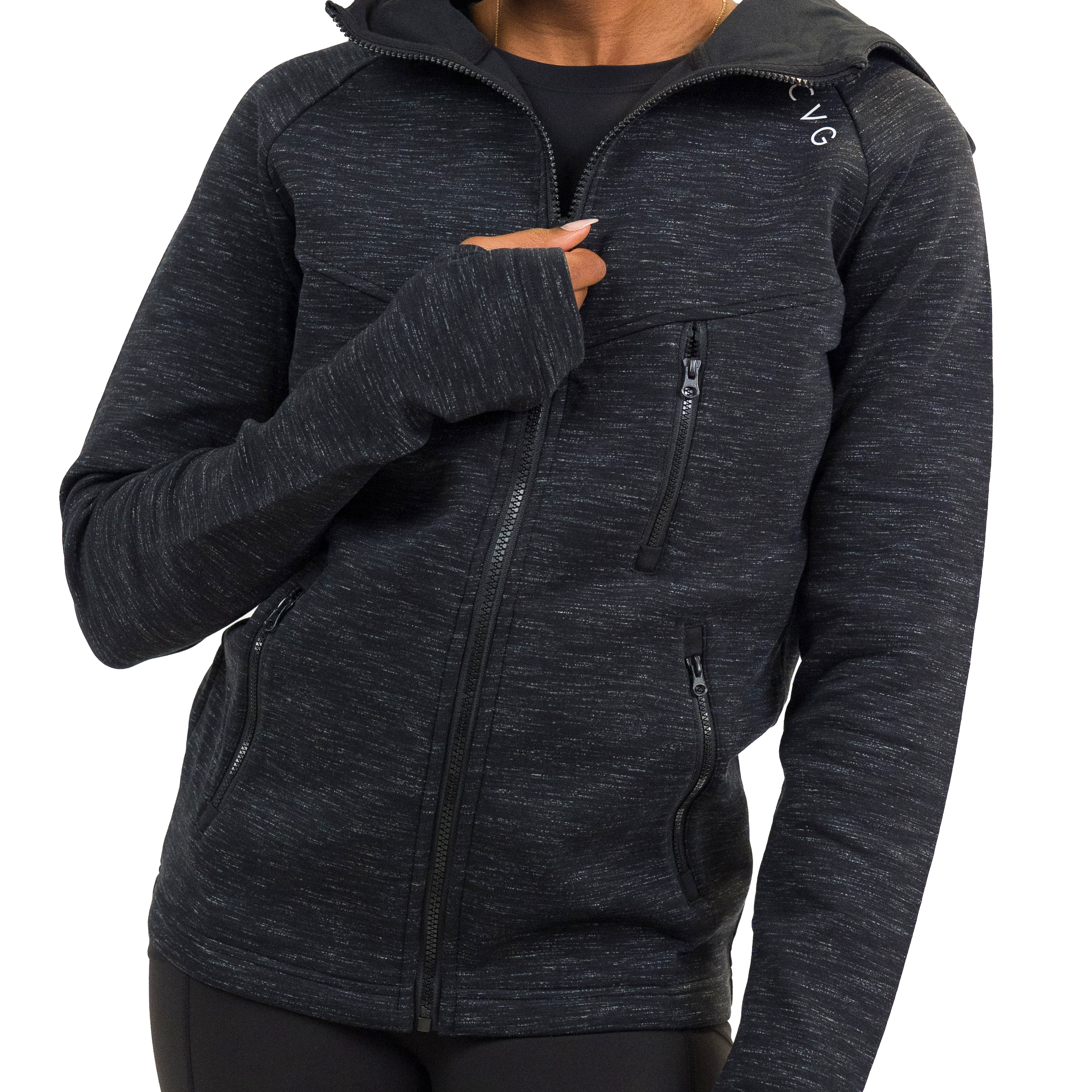 front of the charcoal rest day zip up sweatshirt against a white background