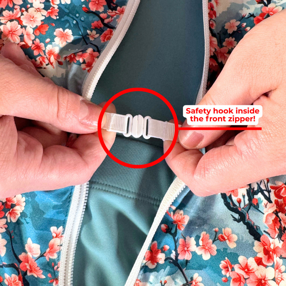 close up of the safety hook inside the front zipper of the dress