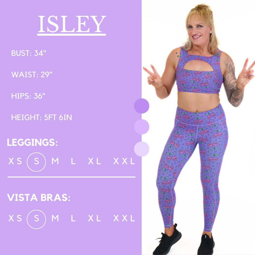 Model’s measurements of 34” bust, 29” waist, 36” hips and height of 5 ft 6 inches. She is wearing a size small in our leggings
