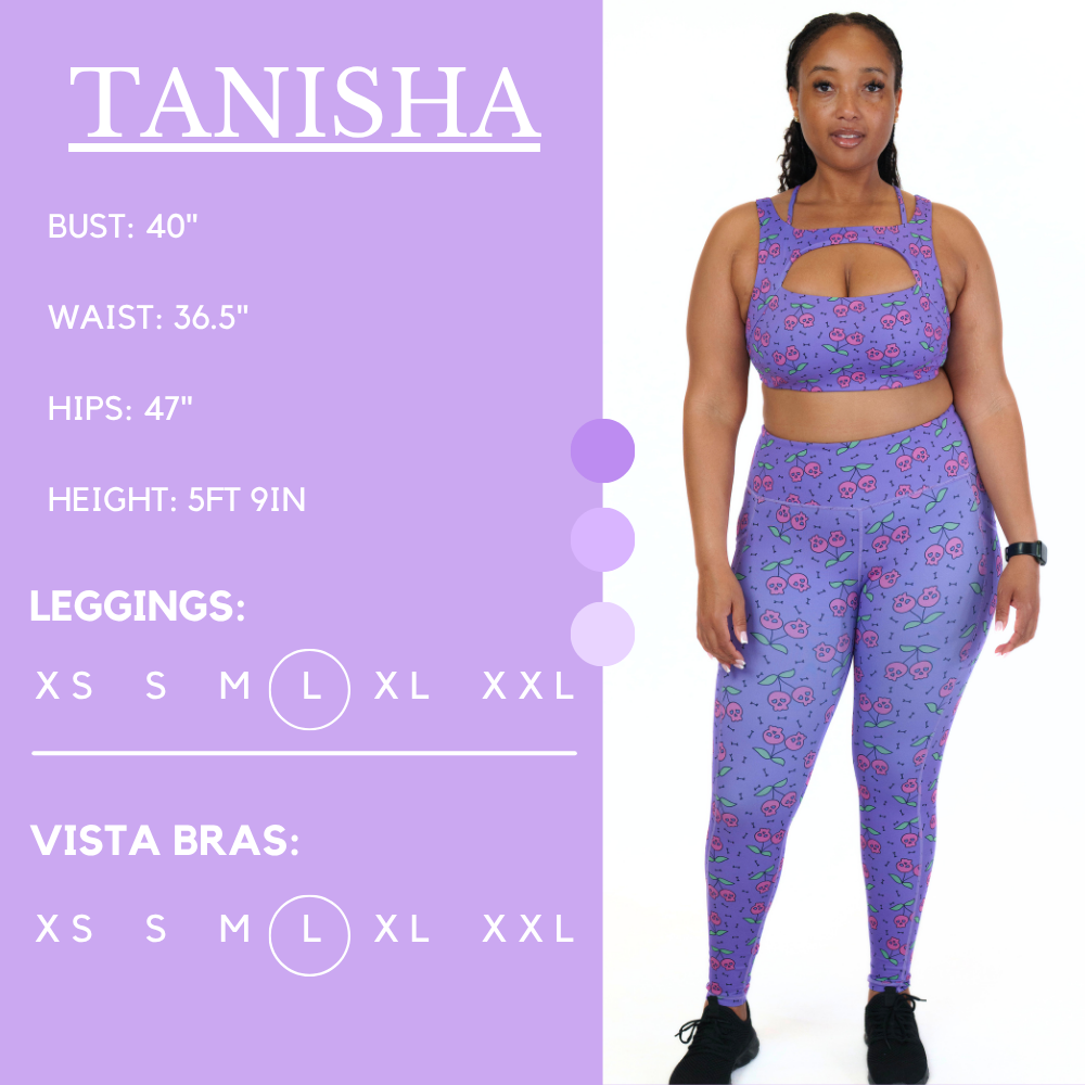 Graphic showing the measurements of a model and what size she wears for the dress. Her bust is 43 inches, waist is 41 inches, hips are 48 inches, and height is 5 foot and 9.5 inches. She wears a large in our leggings and sports bras