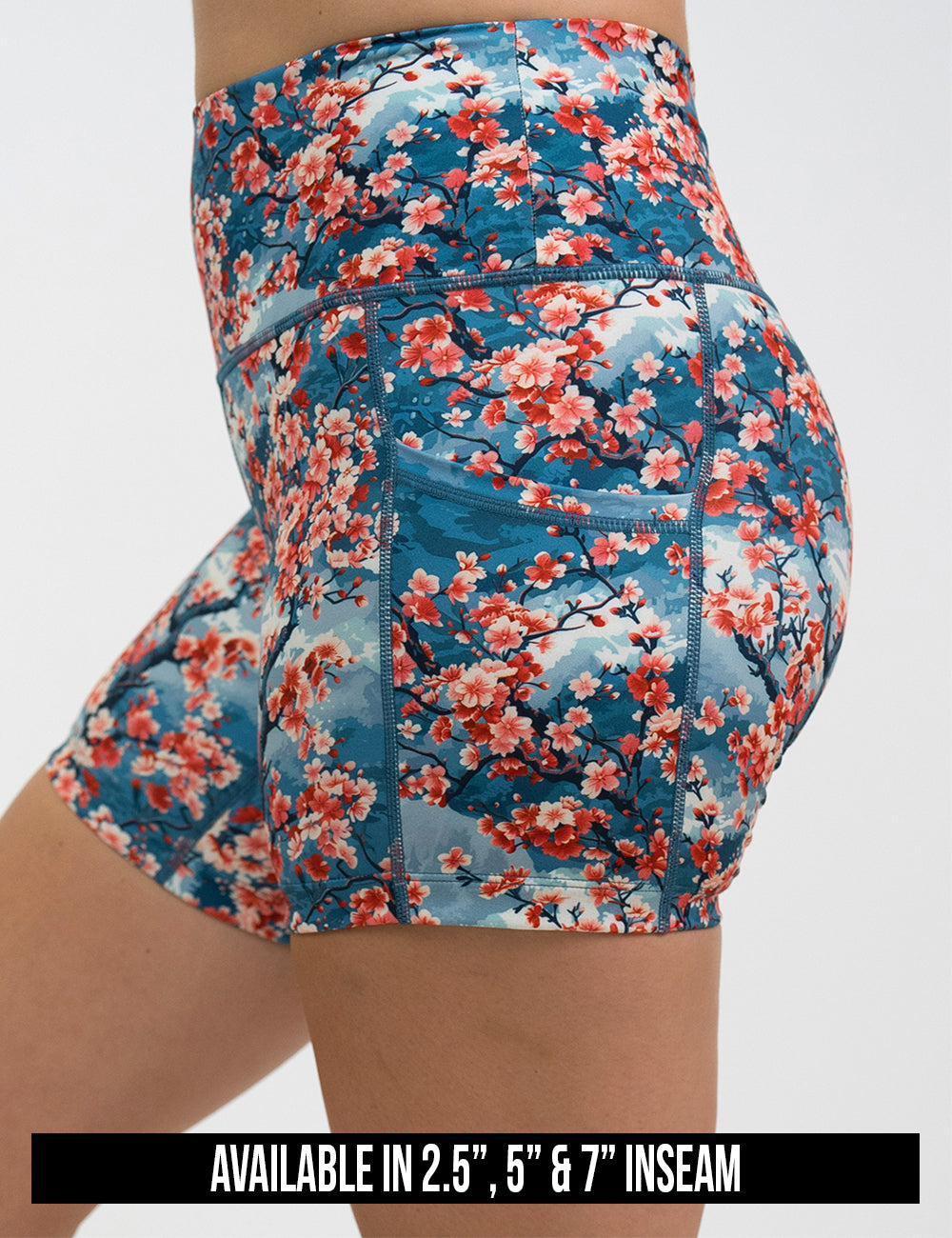 available inseam lengths for the cherry tree shorts, lengths include 2.5, 5, and 7 inches