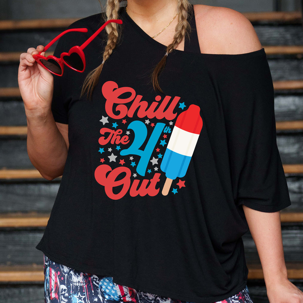 shirt with a red white and blue popsicle graphic on it that says "Chill The 4th Out"