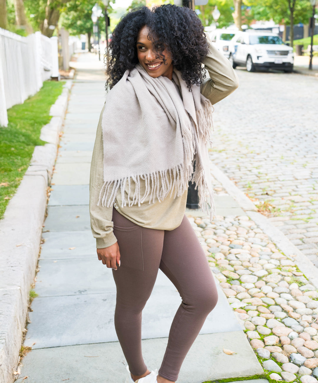 model wearing chocolate fleece lined leggings