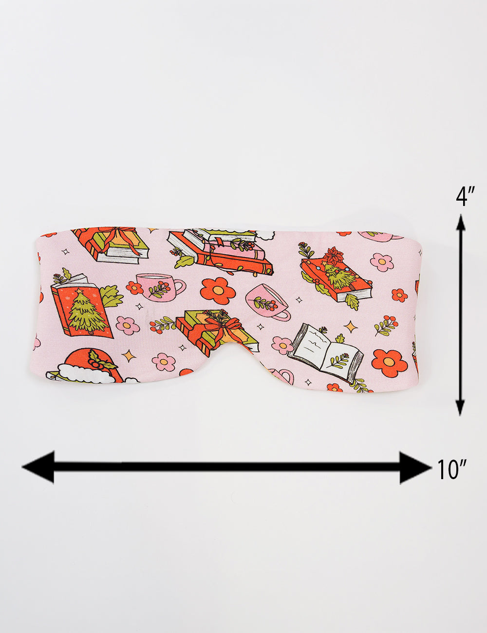 measurements for the Christmas books and flowers all over pink eye mask, measurements are 4 inches by 10 inches