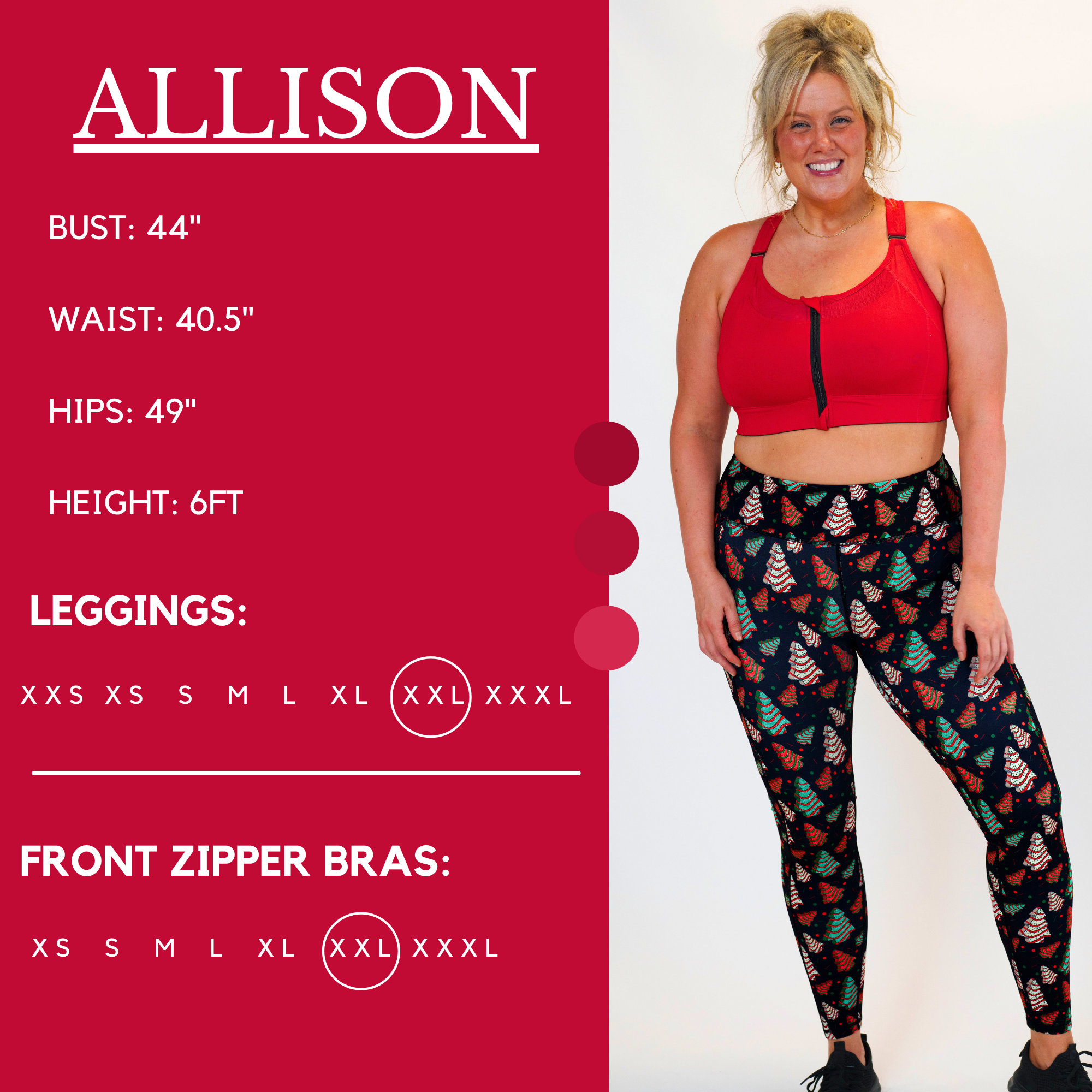 Model’s measurements of 44” bust, 40.5” waist, 49” hips and height of 6 ft. She is wearing a size xx-large in our leggings