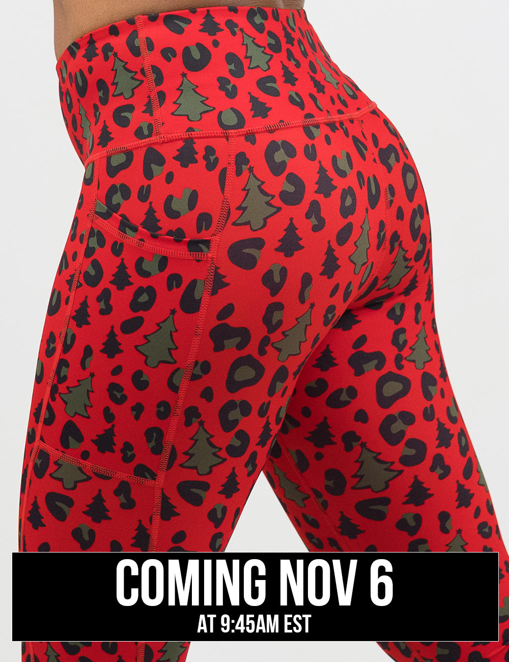 back of the red and brown Christmas trees and leopard print leggings, coming November 6th