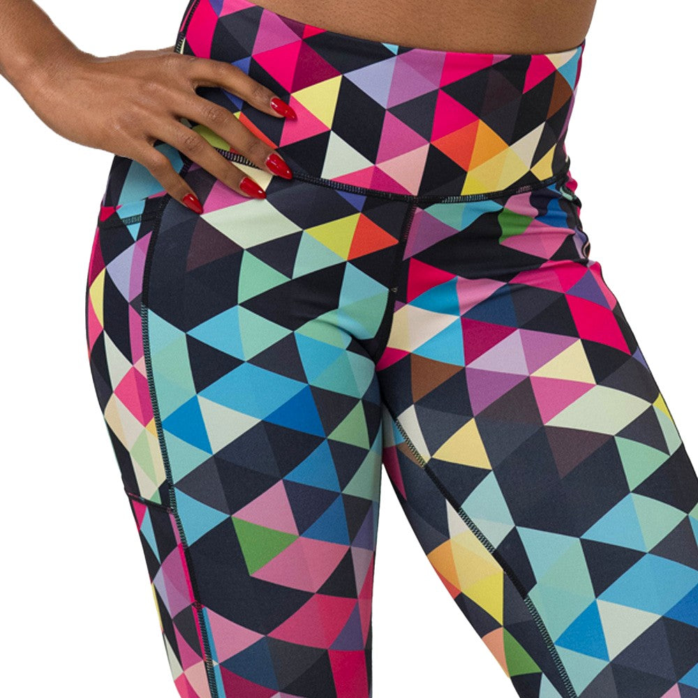 Colorful geometric-patterned leggings on a white background