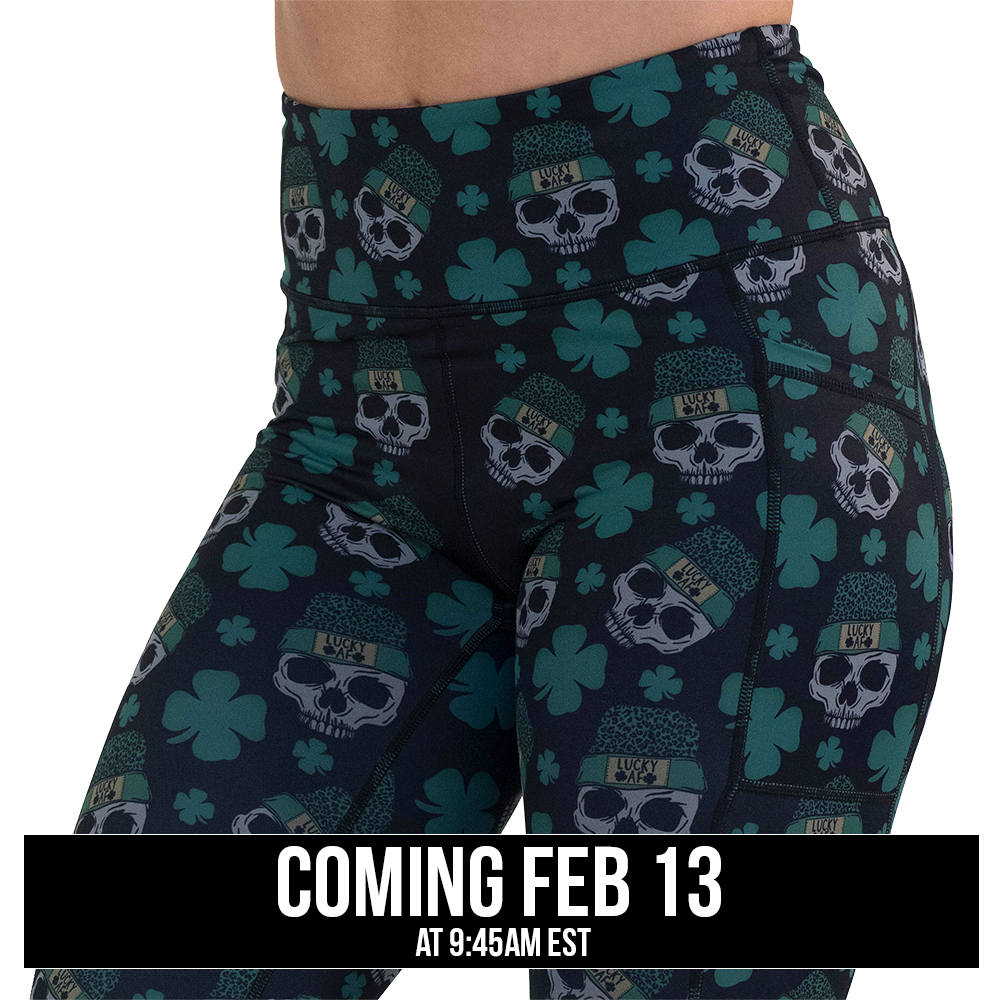 close up of the skull and shamrock print leggings against a white background, coming soon