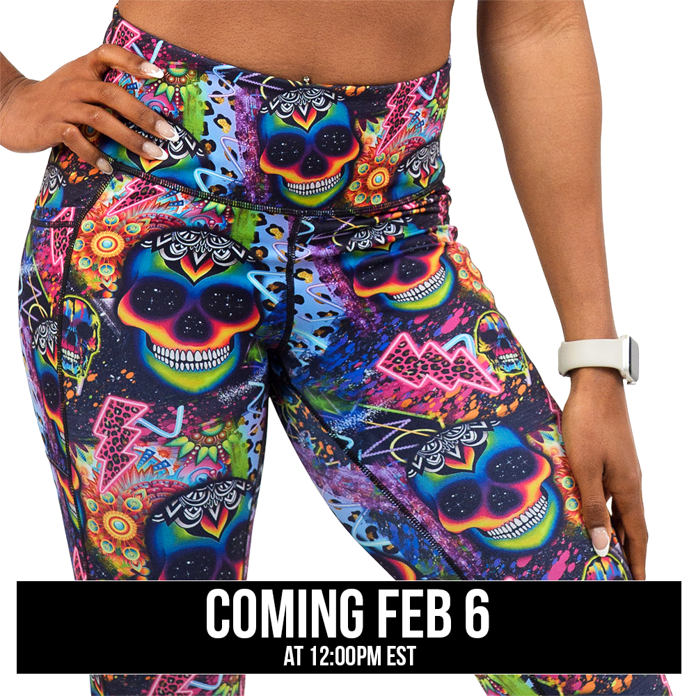 close up of the brightly colored psychedelic skulls pattern against a busy background full of designs leggings against a white background, coming soon