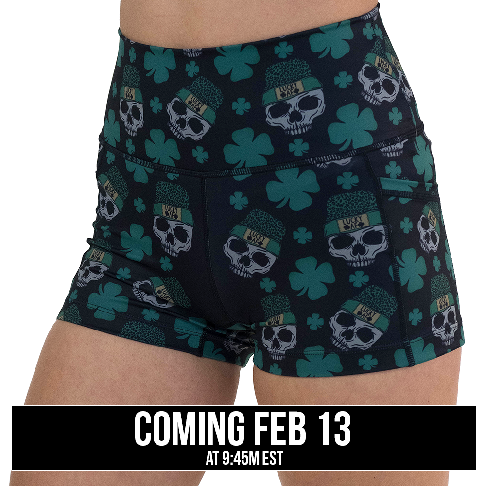 2.5 inch skull and shamrock print shorts, coming soon