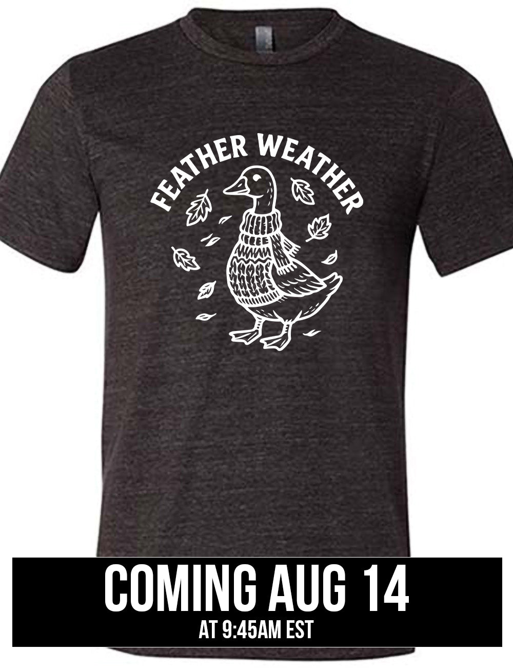 black unisex tee with the graphic of a goose, wearing a scarf and sweater, surrounded by falling leaves, and the words arched over it saying "feather weather" coming august 14th