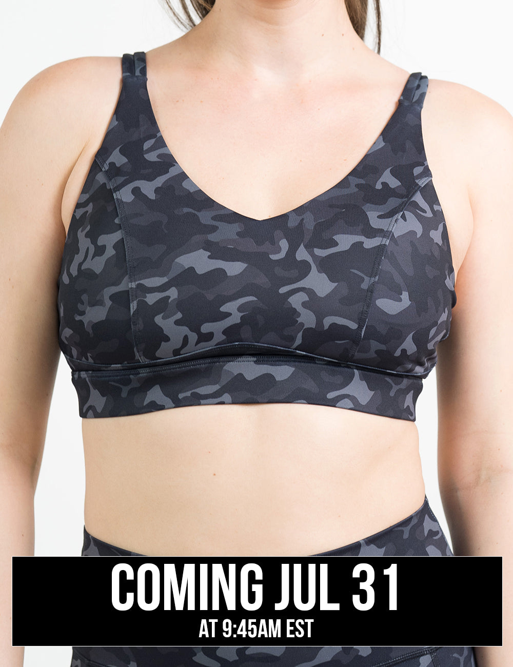 front of the black camo print vitality bra against a white background, coming july 31st