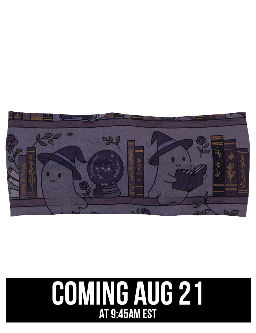 front of the ghost and cat wizards among bookshelves headband coming august 21st