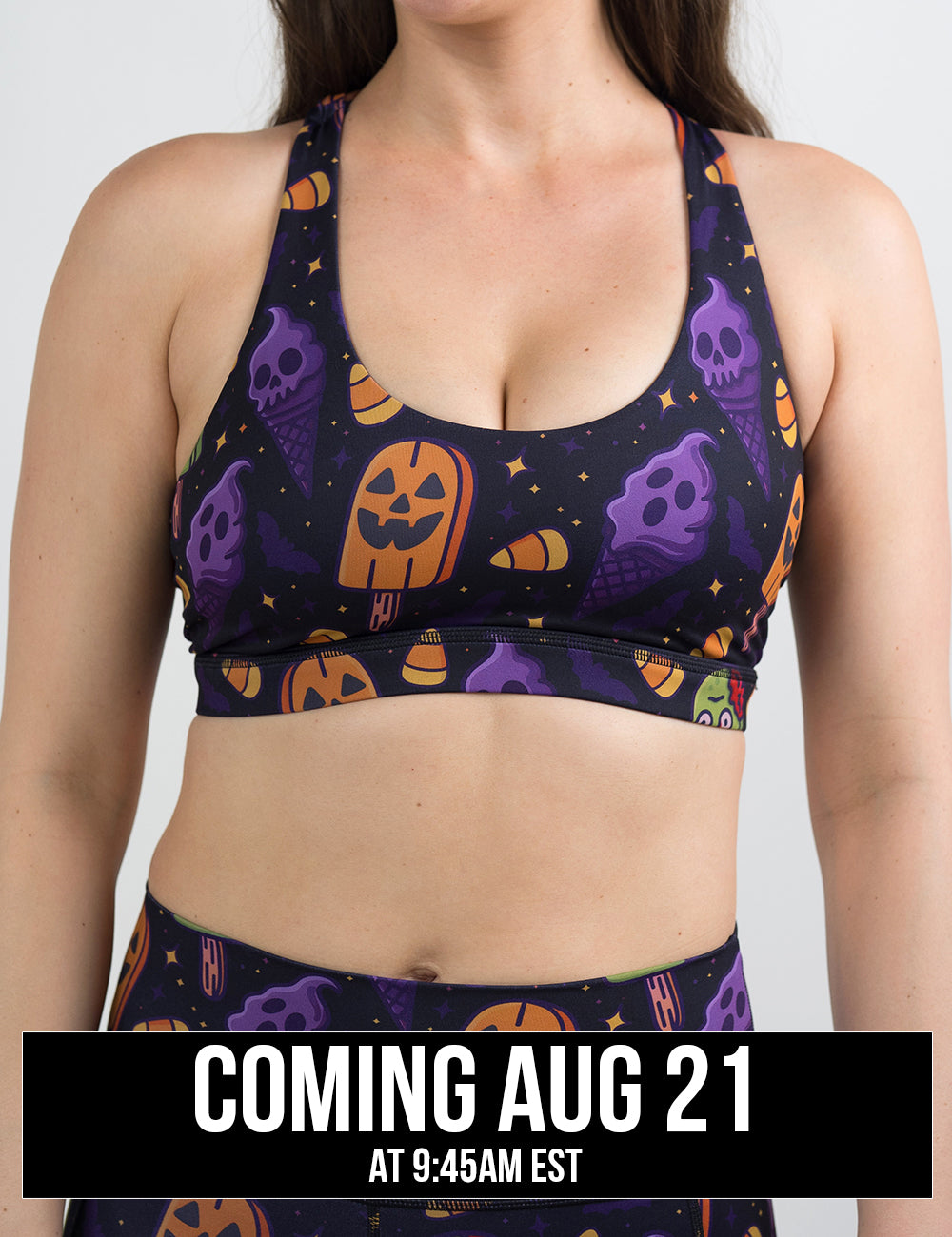 front of the zombie, jack o lantern, and ghost ice cream's sports bra coming august 21st