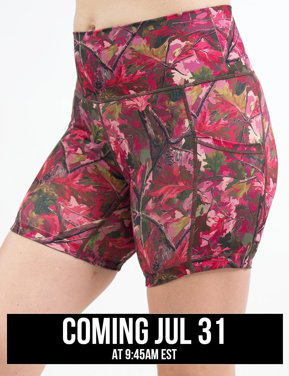 front of the 5 inch pink forest camo shorts, coming july 31st