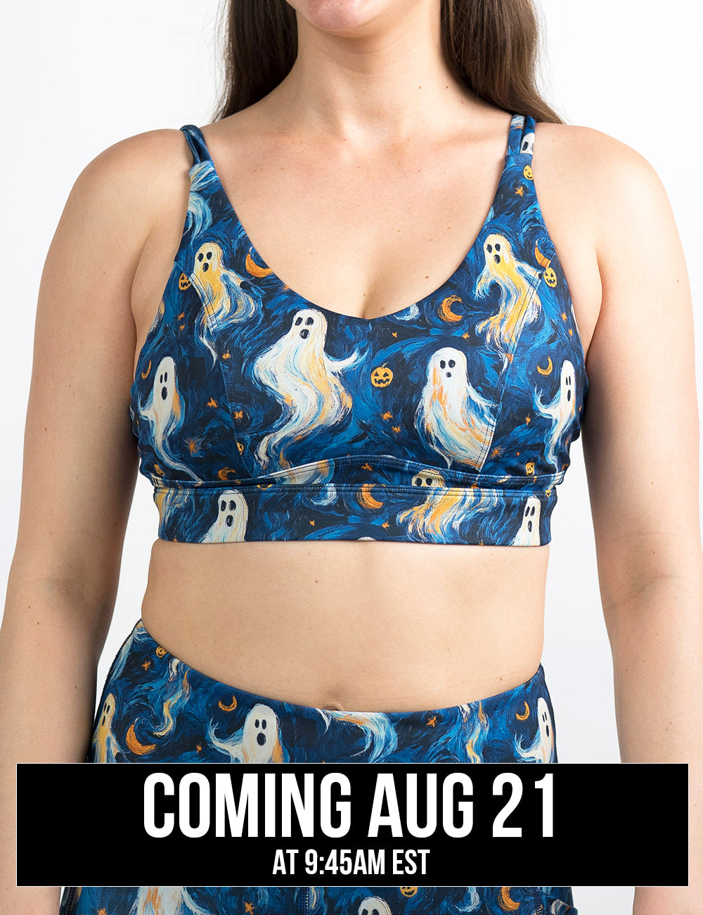 front of the starry night ghosts against a blue background pattern bra coming august 21st