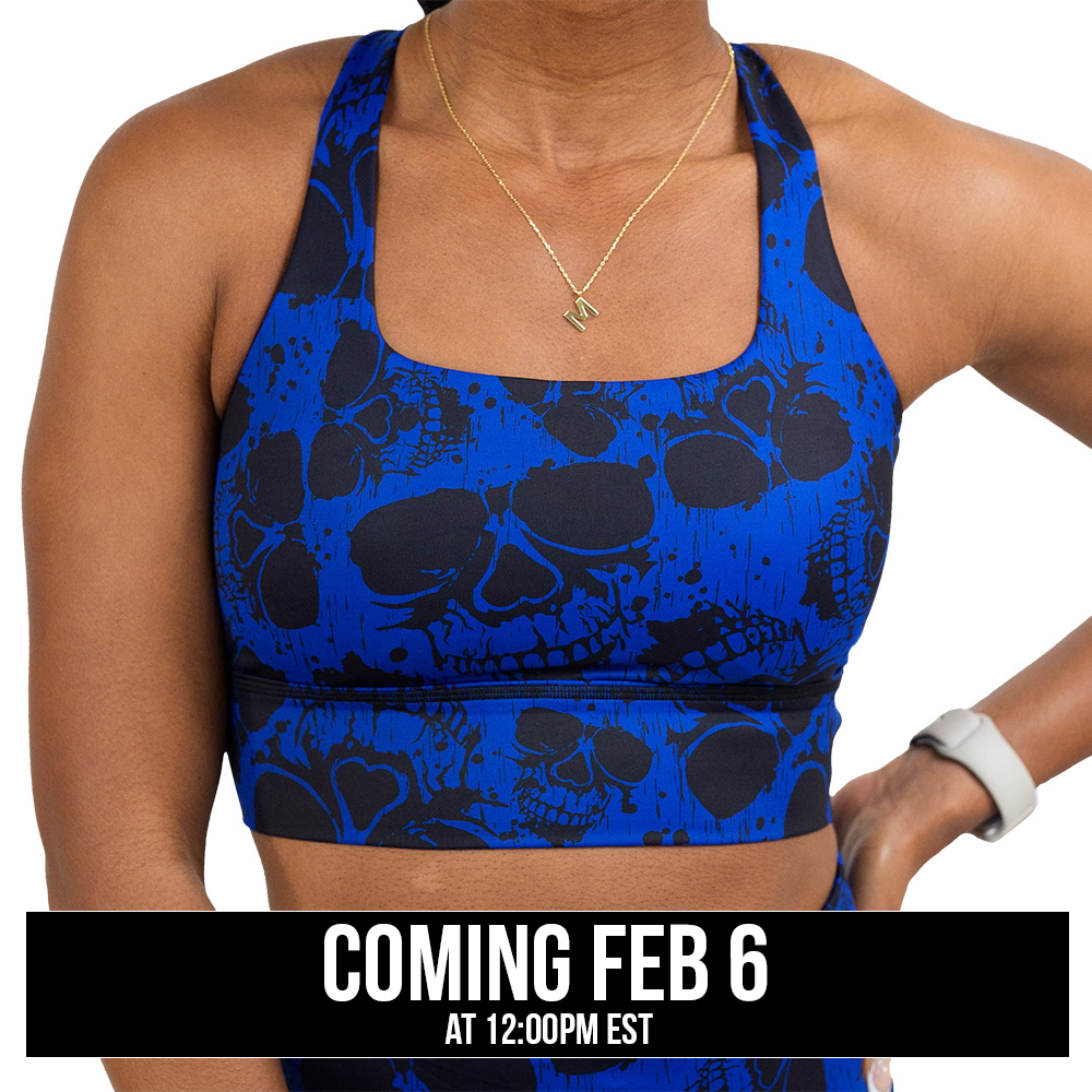dark skulls against a blue background pattern bra coming soon