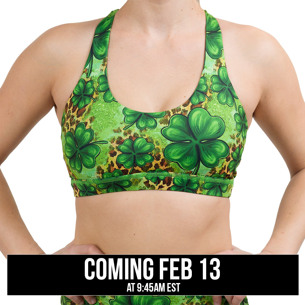clover pattern against a cheetah print and green background butterfly back bra coming soon