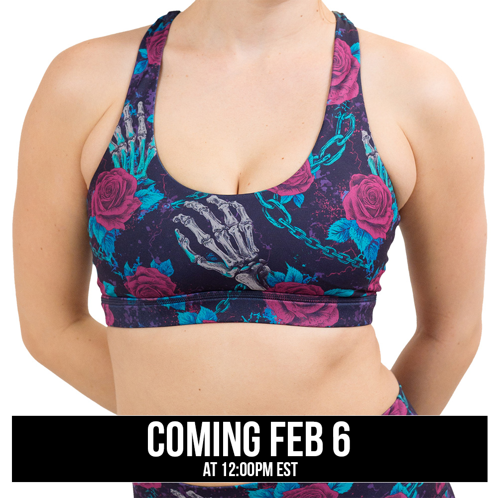 roses and skeleton hands connected by chain links pattern bra coming soon