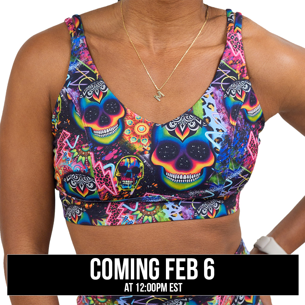 the brightly colored psychedelic skulls pattern against a busy background full of designs bra coming soon