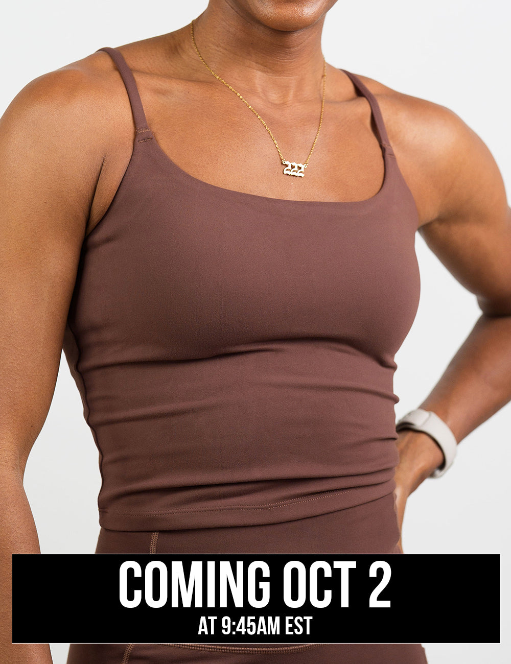 front of the light brown cami top against a white background, coming October 2nd