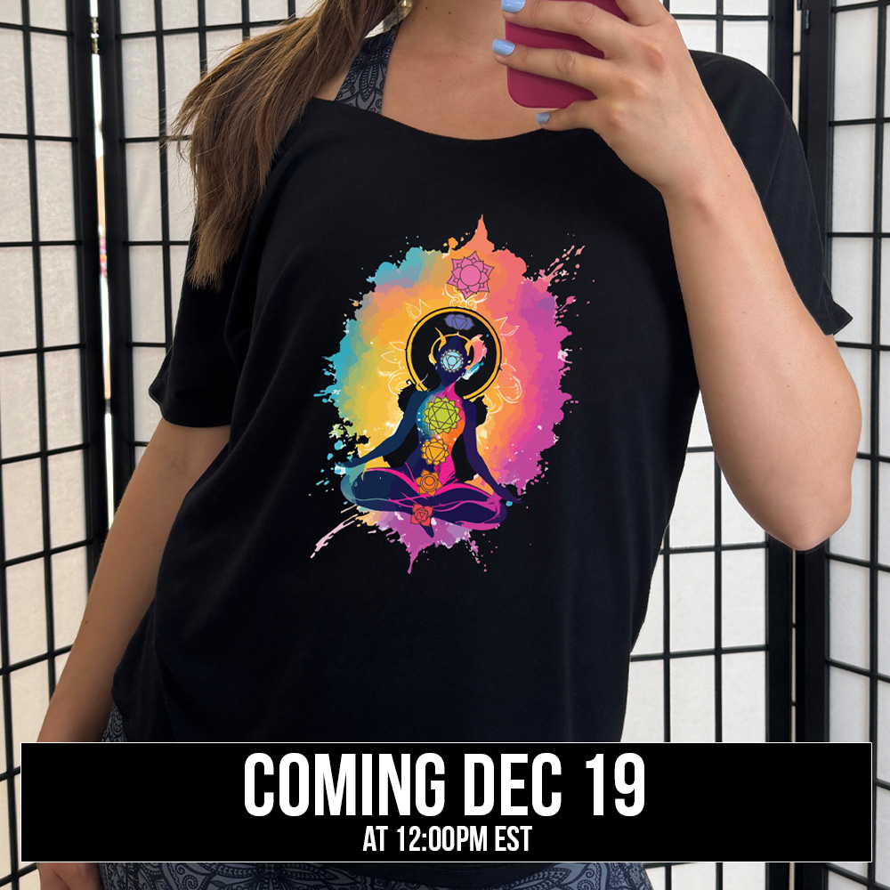 Black slouchy shirt with graphics of chakras and a person meditating