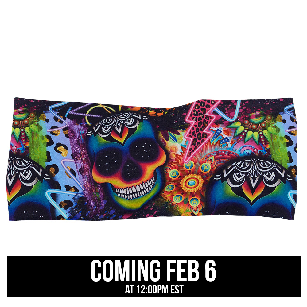 brightly colored psychedelic skulls pattern against a busy background full of designs headband coming soon