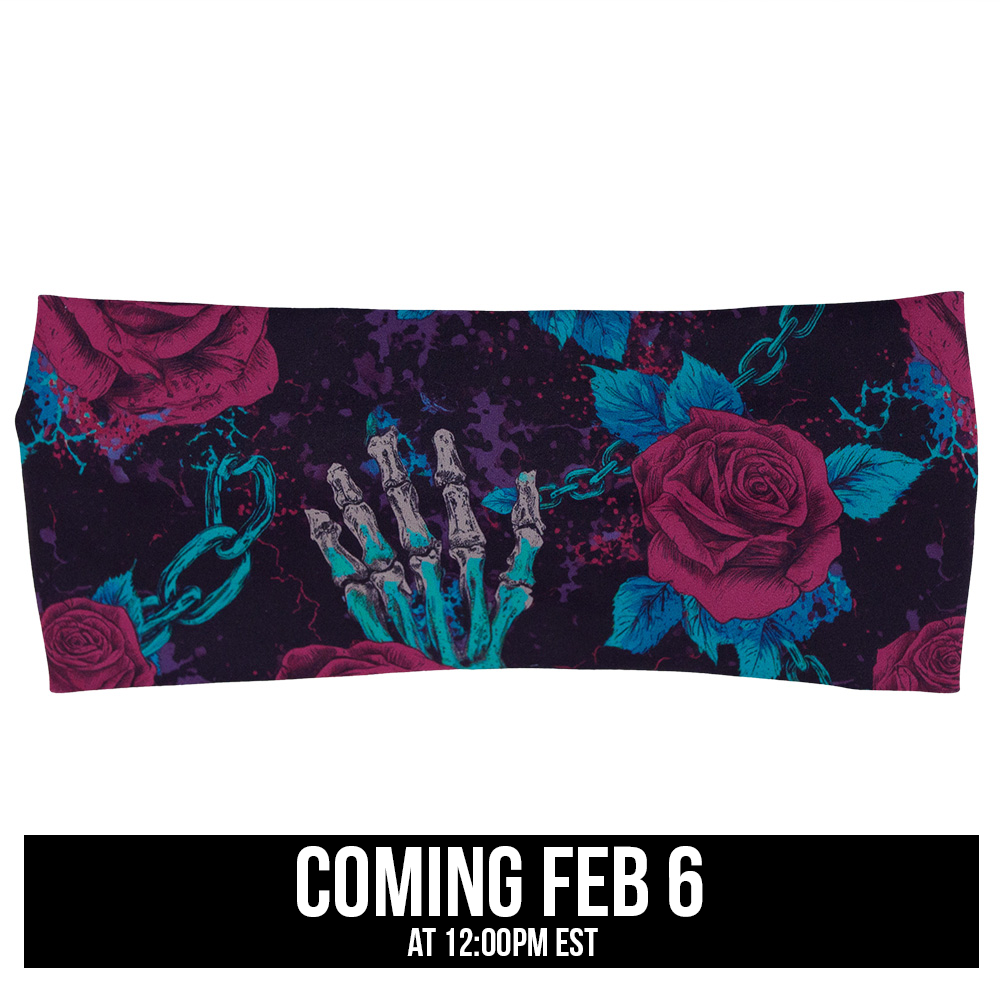roses and skeleton hands connected by chain links pattern headband coming soon
