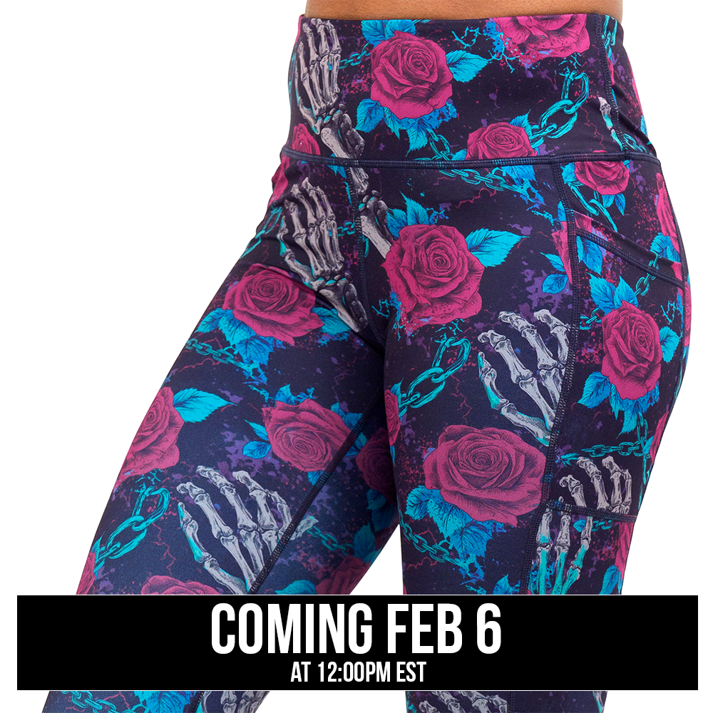 roses and skeleton hands connected by chain links pattern leggings coming soon