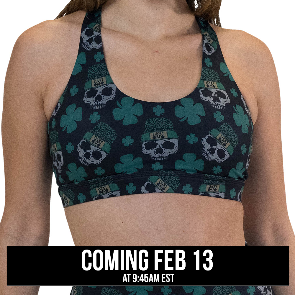 front of the skull and shamrock print sports bra, coming soon