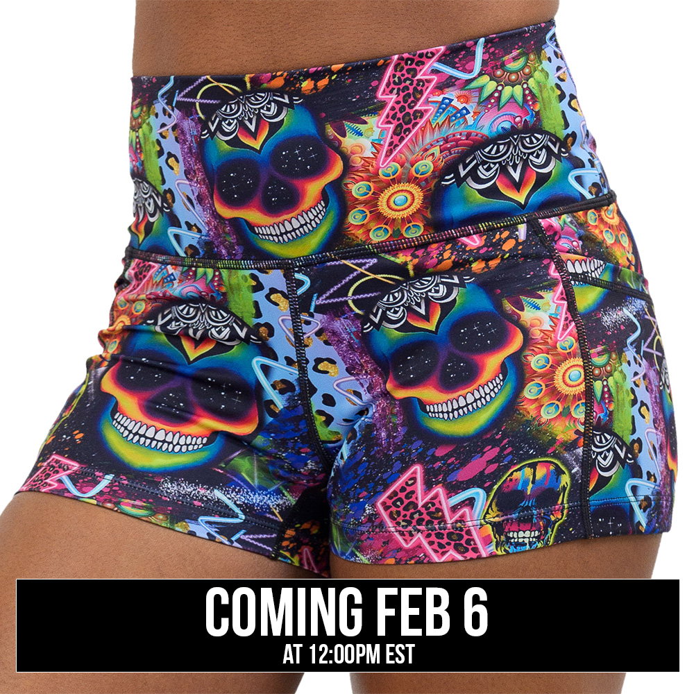 the brightly colored psychedelic skulls pattern against a busy background full of designs 2.5 inch shorts coming soon