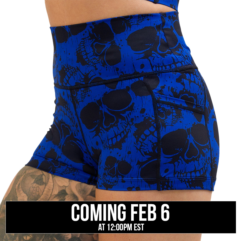 dark skulls against a blue background pattern shorts coming soon, 2.5 inch length shown