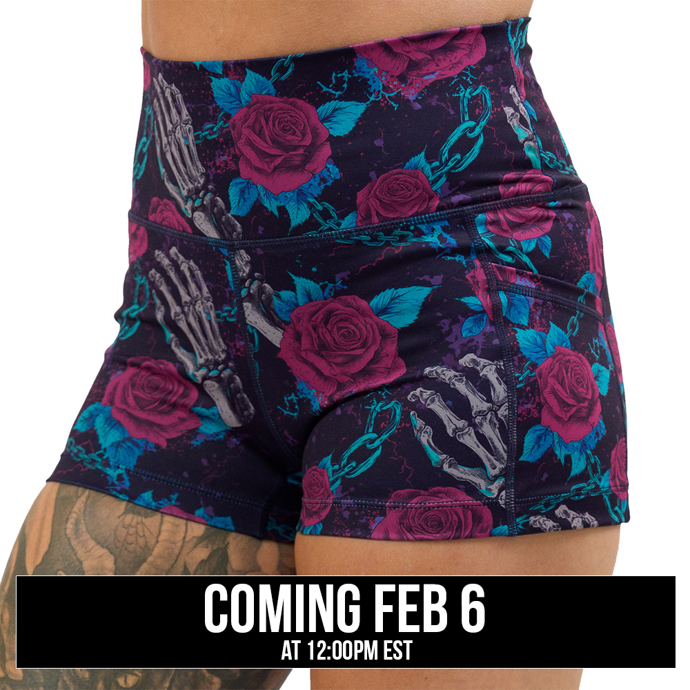 roses and skeleton hands connected by chain links pattern shorts coming soon
